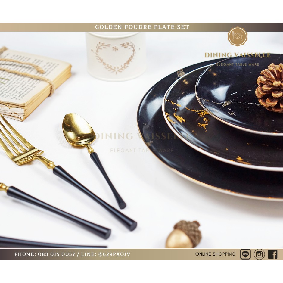 ชุดจาน-marble-foudre-ลายหินอ่อนสีดำ-ขอบทอง-หรูหรา-เนื้อporcelain-ceramic-plate-อุปกรณ์บนโต๊ะอาหาร
