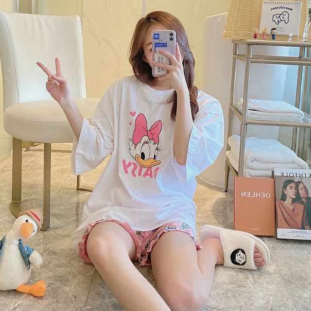 ชุดนอนผ้ายืด-เสื้อแขนสั้น-กางเกงขาสั่น
