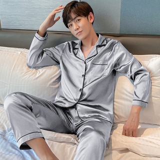 M-4XL，ราคาถูกที่สุด，ชุดนอนผู้ชายสไตล์เกาหลี，สไตล์ยอดนิยม，ชุดนอนผ้าซาติน，เสื้อคาร์ดิแกน，กางเกง+เสื้อ