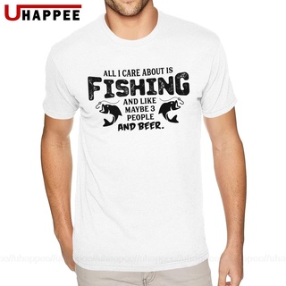 เสื้อยืดแขนสั้น ผ้าฝ้ายแท้ พิมพ์ลาย Cool All I Care About Is Fishing And Like Maybe 3 People And Beer สําหรับผู้ชาย