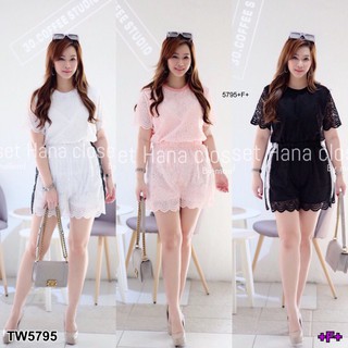 TW5795 Set 2 ชิ้น #สาวอวบ เสื้อลูกไม้คอกลม แขนสั้น+กางเกงขาสั้น แต่งแถบสลับสีด้านข้าง (ฟรีไซร้) +++สอบถามสินค้าก่อนสั่ง