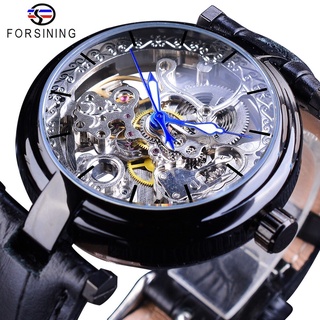 Forsining Retro Flower Design Automatic Clock Blue Hands Mens Mechanical Watches Skeletons Black Genuine Leather Luminou