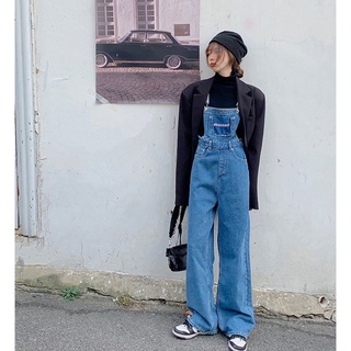 Many Jeans Overalls เอี๊ยมกางเกงยีนส์ขายาวเอวสูง สียีนส์งานปักตัวอักษร