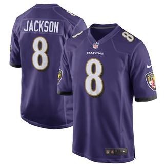 เสื้อกีฬาแขนสั้น ลายทีมชาติฟุตบอล NFL Ravens 8 Lamar Jackson ชุดเยือน สําหรับผู้ชาย มีสีม่วง สีขาว สีดํา