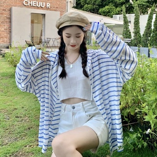 🔥ส่งฟรีจ้า🔥👕🦓เสื้อคลุมลายริ้ว ทรง Oversize มีหมวกฮู้ด เนื้อผ้า cotton🖤🤍