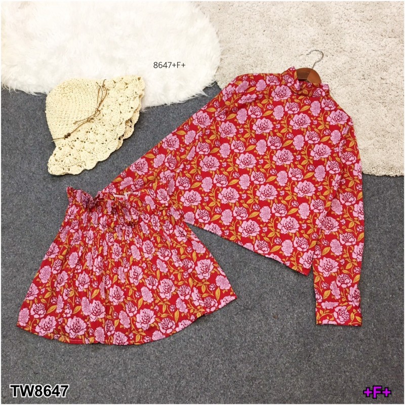 set-เสื้อคอปีนแขนยาว-พิมพ์ลายดอกไม้-กระโปรงระบายอัดพลีท
