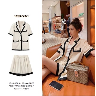 เสื้อผ้าแฟชั่น NEW!🍒ชุดสูทสองชิ้นลำลองหลวมยาวปานกลางบางชุดเล็ก + กางเกงขาสั้นขากว้างเหมาะกับผู้หญิง
