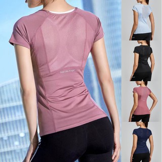 ราคา(YOGA-109) เสื้อออกกำลังกายผู้หญิง เสื้อโยคะ แขนสั้น ทรงเข้ารูป ซีทรูหลัง