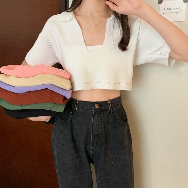 cici-5951-1-เสื้อครอปไหมพรมแขนสั้นคอปกหน้าวีแหวกลึก
