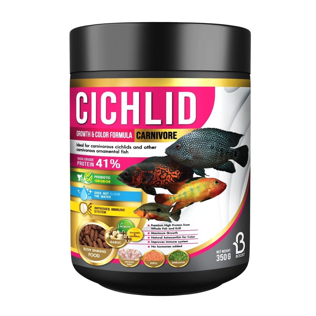 boost-cichlid-อาหารปลาหมอสี-ทุกสายพันธุ์-5-สูตร-อาหารปลา-เร่งโต-เร่งสี-มีให้เลือกสูตร-350-500กรัม