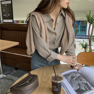 เสื้อเชิ้ต คอปกโปโล แขนยาว ทรงหลวม ลายสก๊อต สีน้ําตาล สไตล์เกาหลี สําหรับผู้หญิง