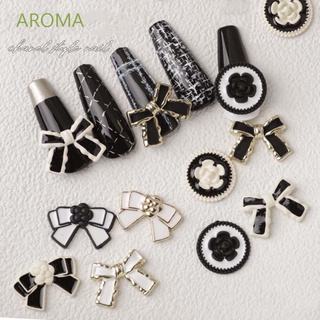 Aroma อุปกรณ์ตกแต่งเล็บ เครื่องประดับ อัลลอย รูปโบว์ หรูหรา ขนาดเล็ก สีดํา และสีขาว สไตล์ฝรั่งเศส สําหรับตกแต่งเล็บ Diy