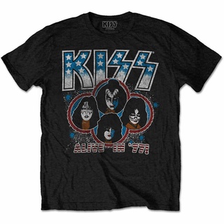 เสื้อยืดลําลอง ผ้าฝ้าย 100% แขนสั้น คอกลม ทรงหลวม พิมพ์ลาย Kiss band alive in 77 สไตล์วินเทจ เรโทร พลัสไซซ์ สีดํา สําหร