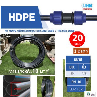 ท่อพีอี-pe-hdpe-ทนแรงดัน10บาร์-ขนาด-20มม-1-2นิ้ว-ยาว-1m-งานน้ำประปา-น้ำดี