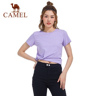 Camel เสื้อท็อปแขนสั้นผ้าฝ้ายสีพื้นสําหรับสตรี