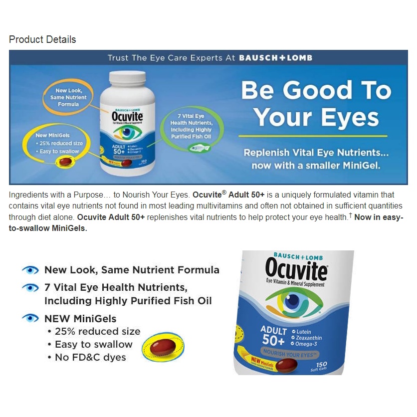 BAUSCH&LOMB Ocuvite Eye Vitamin for Adult 50+/150 mini softgels  ºاµ лͧѹä͡Ш | Shopee Thailand