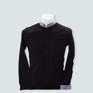 [ Hot Price ] เสื้อเชิ้ต คอจีน ตัดสีปก สีดำ
