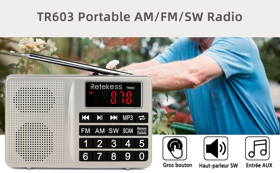 ภาพประกอบคำอธิบาย Retekess TR603 AM FM วิทยุ ทรานซิสเตอร์คลื่นสั้นดิจิตอลจูนรับเครื่องเล่น MP3 รองรับการ์ด TF แบตเตอรี่ลิเธียมไอออนแบบชาร์จไฟได้