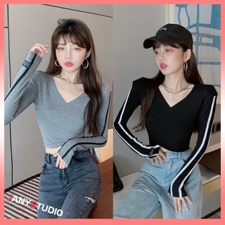 เสื้อแขนยาวฤดูใบไม้ร่วงและฤดูหนาวแขนยาวไหล่ pads อารมณ์ V คอสั้นเสื้อสีทึบเสื้อยืด