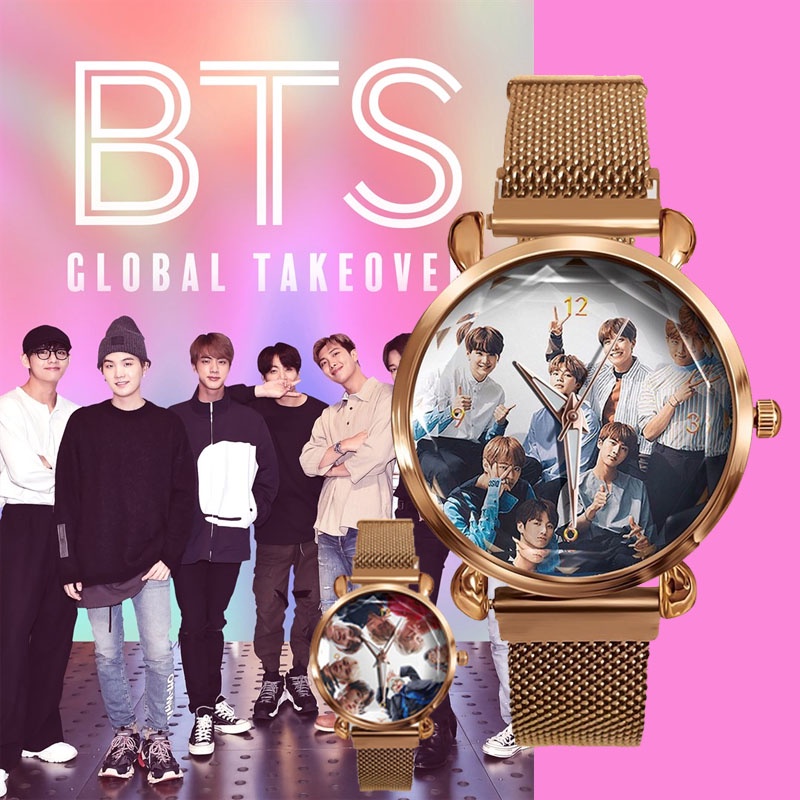นาฬิกาข้อมือ-สายสแตนเลส-แม่เหล็ก-ลาย-bts-สีโรสโกลด์
