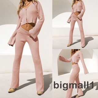 BIGMALL-Women Summer Autumn Leisure 2pc Set, Temperament Solid Color Long Sleeve Zipper Midriff-baring Tops + Long Pants