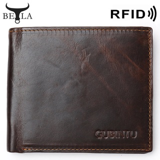 Bela กระเป๋าสตางค์ ใบสั้น หนังวัวแท้ สไตล์ย้อนยุค แบบพกพา ป้องกัน RFID สําหรับผู้ชาย
