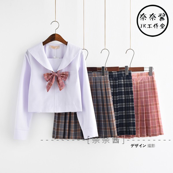 pre-order-ชุดนักเรียนญี่ปุ่น-เสื้อแขนยาว-คอปกกะลาสี-กระโปรงลายสก๊อต-แถมถุงเท้าทุกชุด