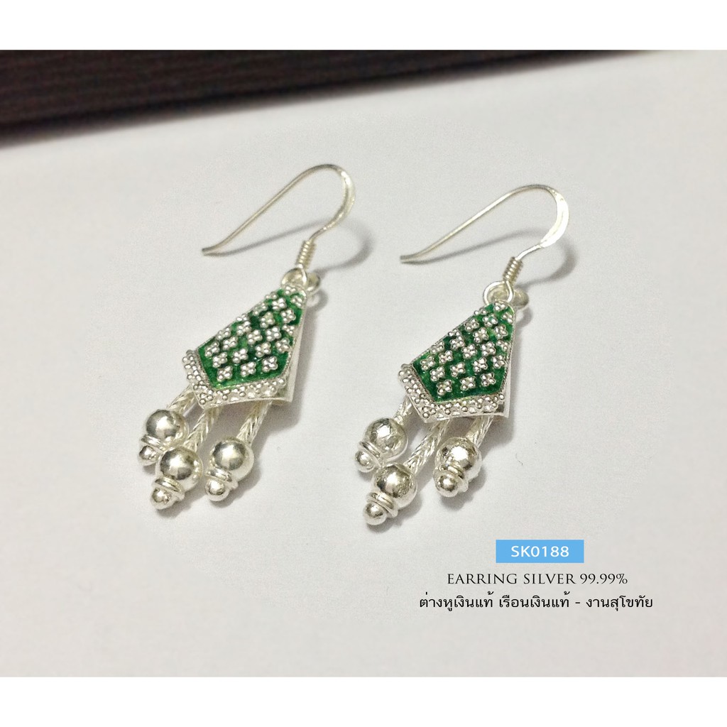 ต่างหูเงินแท้-99-9-งานสุโขทัย-งานทำมือ-ลงยาสีเขียว-สวยมากๆ-ค่ะsk0188