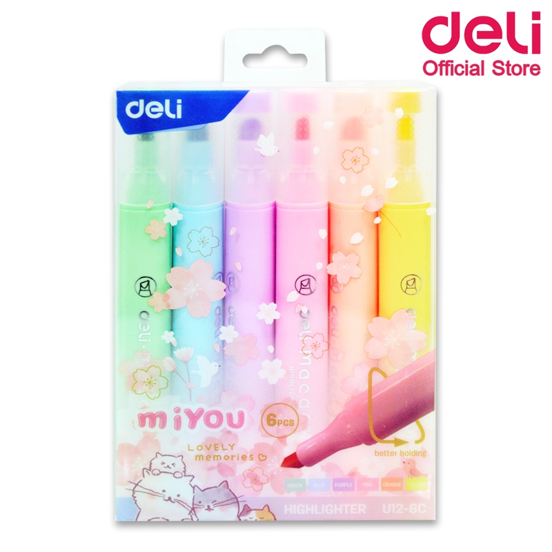 deli-u12-6c-highlighter-pastel-ปากกาไฮไลท์สีพาสเทล-ขนาด-1-4mm-สุดน่ารัก-แพ็ค-6-แท่ง-6-สี-เครื่องเขียน-ปากกาเน้นข้อความ-ไฮไลท์