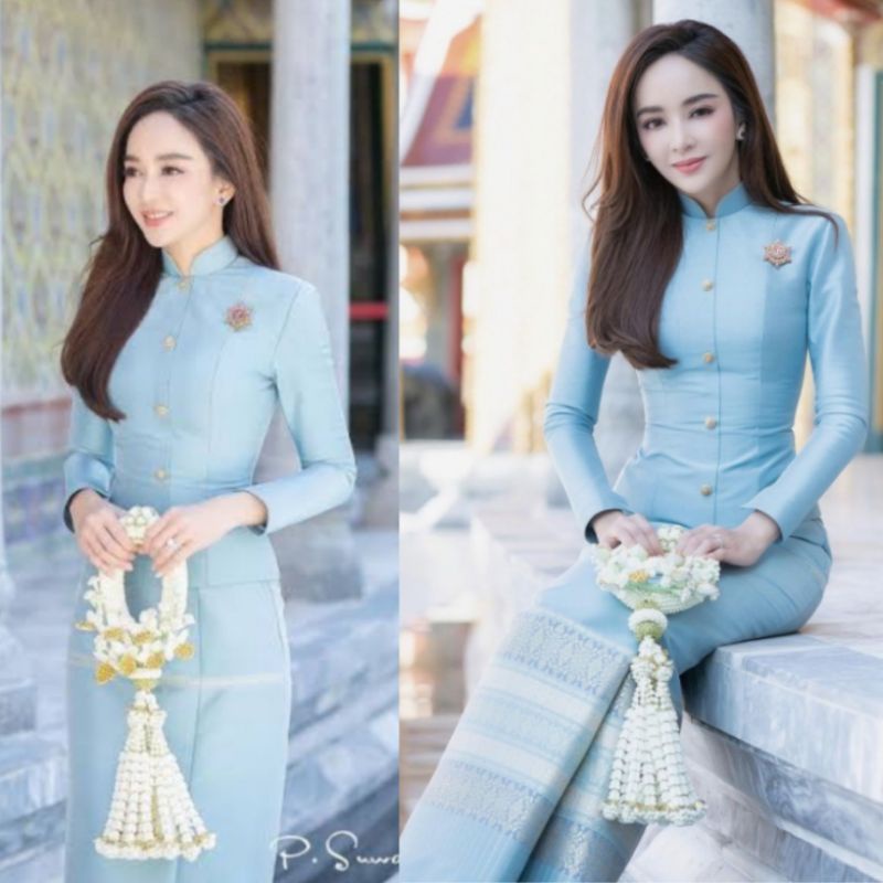 ชุดไทยจิตรลดาสีฟ้า ผ้าไหมแพรวา รับตัดทุกไซส์ สวยหรูดูแพง ใส่ได้ทุกงานมงคล