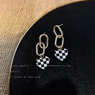 925 Silver Needle Chain Black and White Checkered Love Earrings Temperament Checkerboard Stud Earrings Sweet Earrings fo
