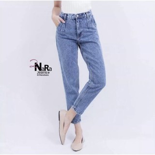 2NaraJeans ยีนส์ทรงบอยเฟรน เอวสูง วินเทจ ขอบเอวจีบ ผ้ายีนส์ไม่ยืด สียีนส์ฟอก