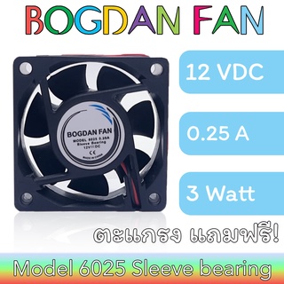 พัดลม BOGDAN FAN 6025 2.5"DC 12V 0.25A 3W Sleeve Bearing ลมแรง ระบายความร้อน แบบมีสาย รุ่นแถมตะแกรง ใบพลาสติก