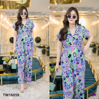 TW16059 Jumpsuit สาวอวบ จั๊มสูทขายาว คอปก แขนสั้น แต่งซิปหน้า มีกระเป๋าล้วงข้าง เนื้อผ้า 100D พิมพ์ลายกราฟฟิก ใส่ซับใน