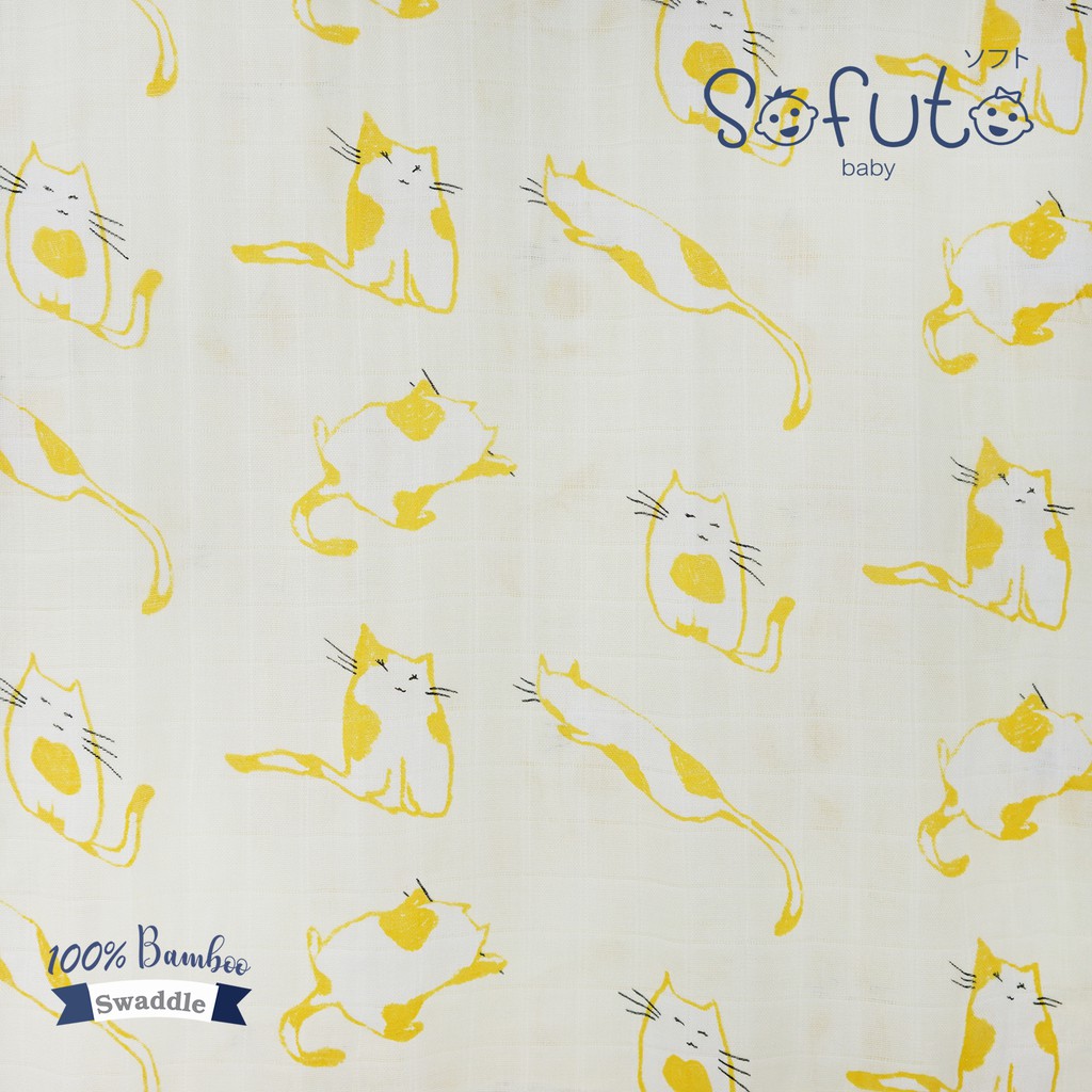sofuto-baby-ผ้าห่อตัวมัสลินแบมบู-ใยไผ่-100-ขนาด-120-cm-x-120-cm-ลาย-yellow-cat-จำนวน-1-ผืน