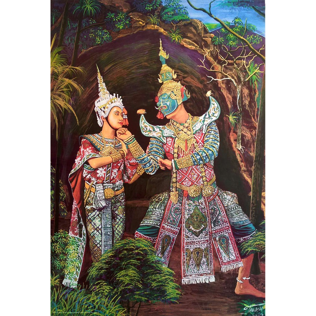 โปสเตอร์-อาบมัน-รูปวาด-โขน-รามเกียรติ์-ทศกัณฐ์-สีดา-ramayana-khon-ravana-sita-poster-15-x20-นิ้ว-ancient-painting-siam