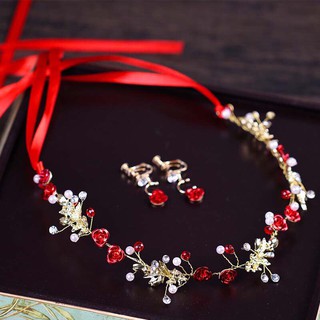 ชุดเครื่องประดับที่คาดผมและต่างหูดอกไม้สีแดงทอง จีน ตรุษจีน- Set of 2 Flower Headband Earring Wedding Jewelry