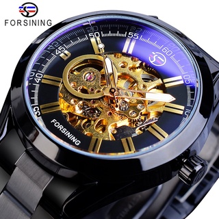 Forsining Steampunk Mechanical Watch Mens Automatic Skeleton Black Stainless Steel Belts Business Male Wristwatches Relo
