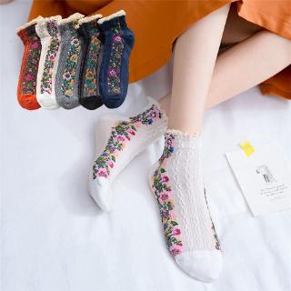 วินเทจลายดอกไม้ครุยนัวเนียข้อเท้าถุงเท้าหญิงสาวฝ้ายดอกไม้น่ารักนักเรียนต่ำตัดถุงเท้าถุงเท้าสีขาว
