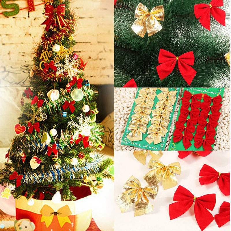ข้อมูลเพิ่มเติมของ 12pcs Pretty Gold Red Bowknots Christmas Ornament Xmas Tree Party Baubles New Year Decoration