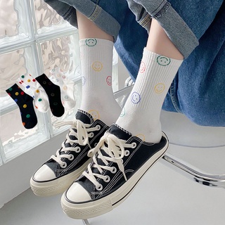 เกาหลี Ins ยิ้ม Emoji ผู้หญิงการ์ตูนถุงเท้าตลกนิพจน์ผ้าฝ้ายสีขาวสีดำหญิงอินเทรนด์ถุงเท้าลูกเรือสุภาพสตรีกีฬาถุงเท้า