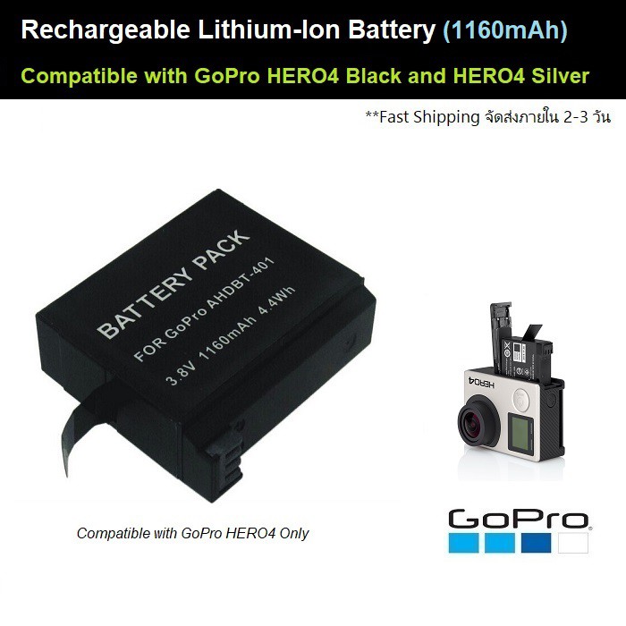 ภาพหน้าปกสินค้าแบตเตอรี่ กล้อง GoPro Hero 4 1160mAh Rechargeable Battery for GoPro Hero 4 Black and 4 Silver