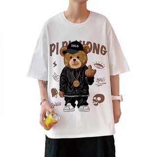 พร้อมส่ง เสื้อยืดแขนสั้น คอกลม พิมพ์ลายการ์ตูนหมี สีดํา สีขาว แฟชั่นฤดูร้อน สําหรับผู้ชาย [M-3XL]