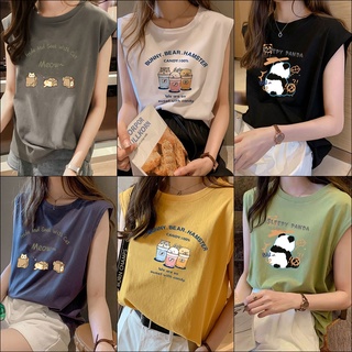 เสื้อแขนกุดผู้หญิง ผ้าCotton 100% พิมพ์ลายมินิมอล เสื้อยืดแฟชั่น เสื้อกล้าม สไตล์เกาหลี Oversize ทรงสวย สวมใส่สบาย