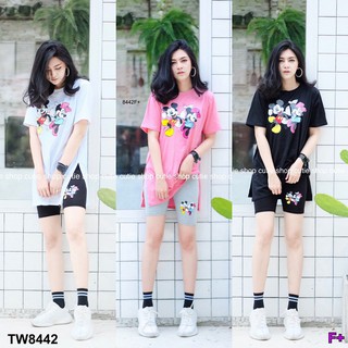 Set 2 ชิ้น เสื้อแขนสั้นสกรีนลายการ์ตูน+กางเกงเลคกิ้งขาสั้น TW8442