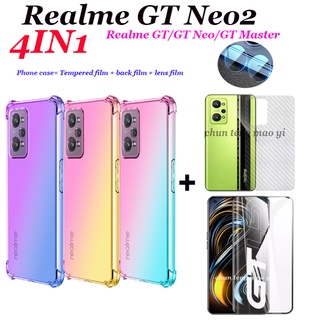 (4 In 1) เคสโทรศัพท์มือถือแบบแข็ง ไล่โทนสี พร้อมฟิล์มด้านหลัง ฟิล์มเลนส์ สําหรับ oppo Realme GT Neo2 GT Master