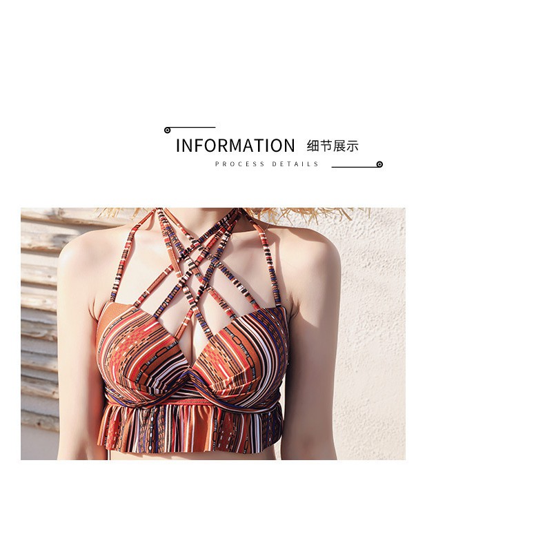 bikini-บิกินี่-ชุดว่ายน้ำผู้หญิง-สไตล์โบฮีเมี่ยน-เซ็ต3ชิ้น-เสื้อดีเทลสายไขว้
