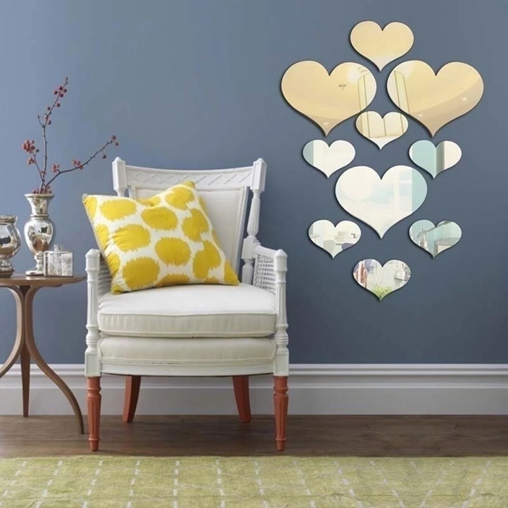ภาพหน้าปกสินค้า10pcs Romantic Love Heart Acrylic 3D Mirror Wall Sticker Removable Mural Decal Paster Home Living Room Decor