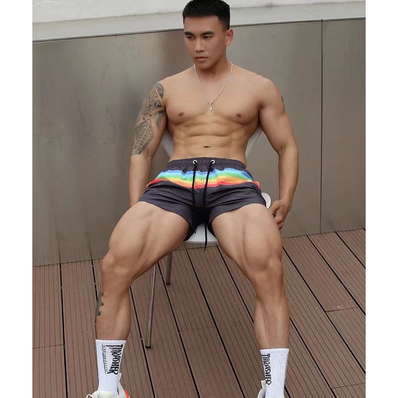 gymen-ผู้ชายกีฬาออกกำลังกายกางเกงขาสั้น-shorts-กางเกงขาสั้น-กางเกงชายหาด-พิมพ์ลาย-สีรุ้ง-ลําลอง-แบบบาง-แฟชั่นสําหรับผู้ชาย