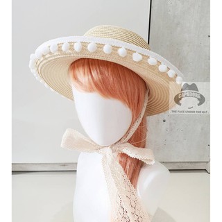 (2สี,พับได้) หมวกปานามาสาน สายคาดลูกไม้ ปีกหมวกพับขึ้น ปีก 9ซม., ribbon ball straw cloche hat